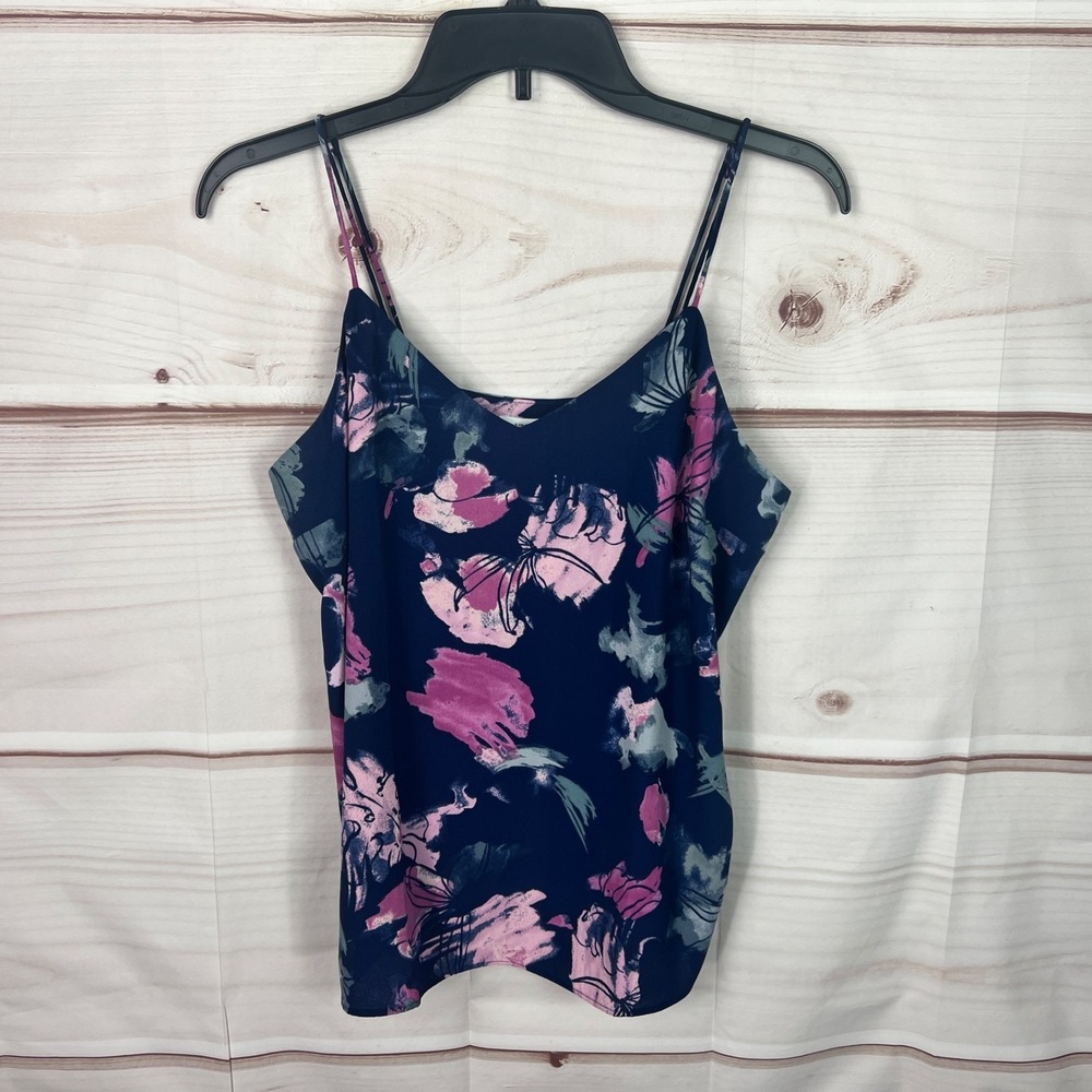 Nine West Top Womens Medium Blue Print Tank V-Neck Cami Spaghetti Strap Woven